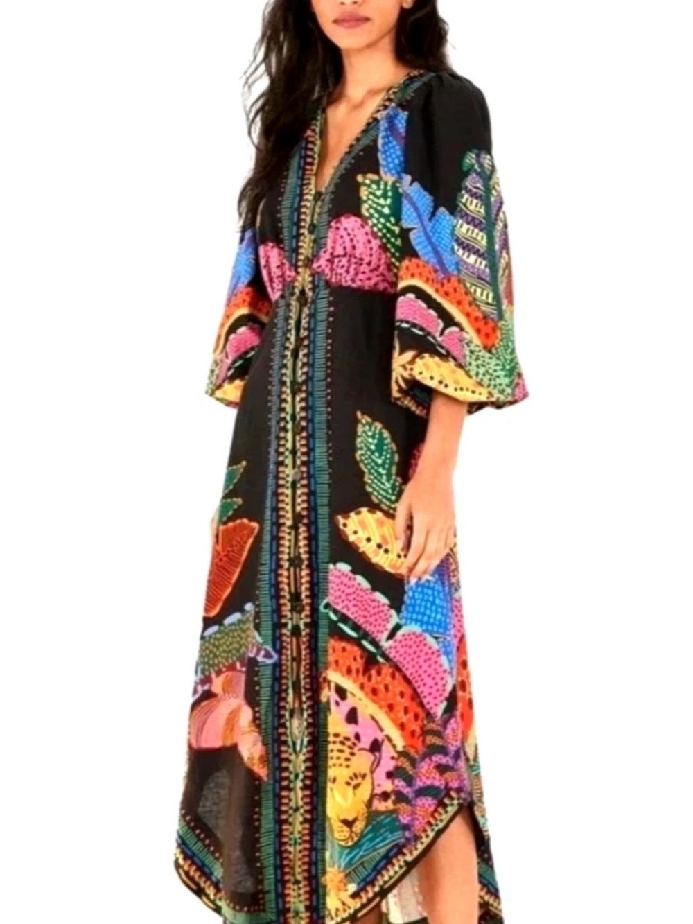 FARM RIO Black Maxi Kaftan Multicolor Tropical Print